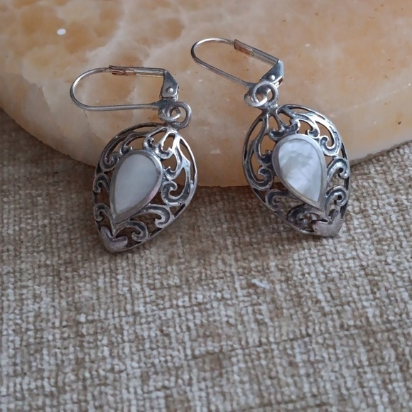 Mother of Pearl Sterling Silver Tear Drop Lever Back Earrings - Picture 3 of 9